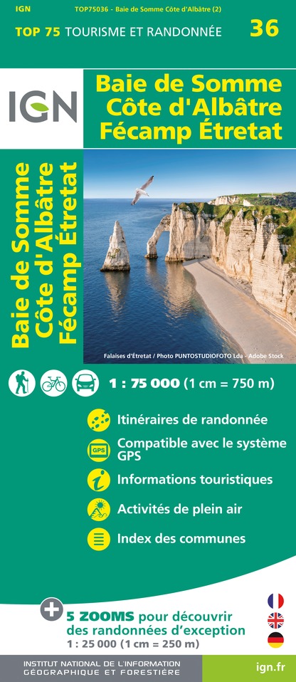 Online bestellen: Fietskaart - Wandelkaart 75036 Baie De Somme - Cote d'Albatre - Fecamp - Etretat - Normandië | IGN - Institut Géographique National