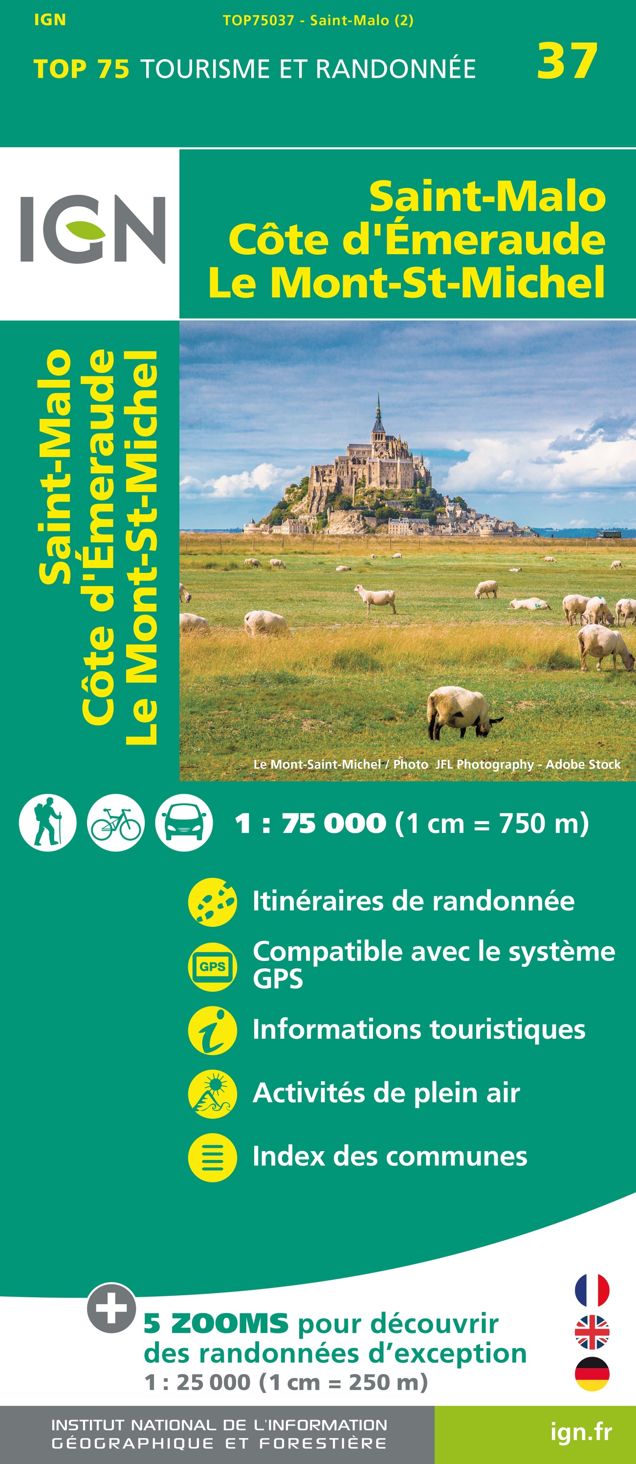 Online bestellen: Fietskaart - Wandelkaart 75037 Bretagne: Saint Malo - Côte d'Emeraude - Mont Saint-Michel | IGN - Institut Géographique National