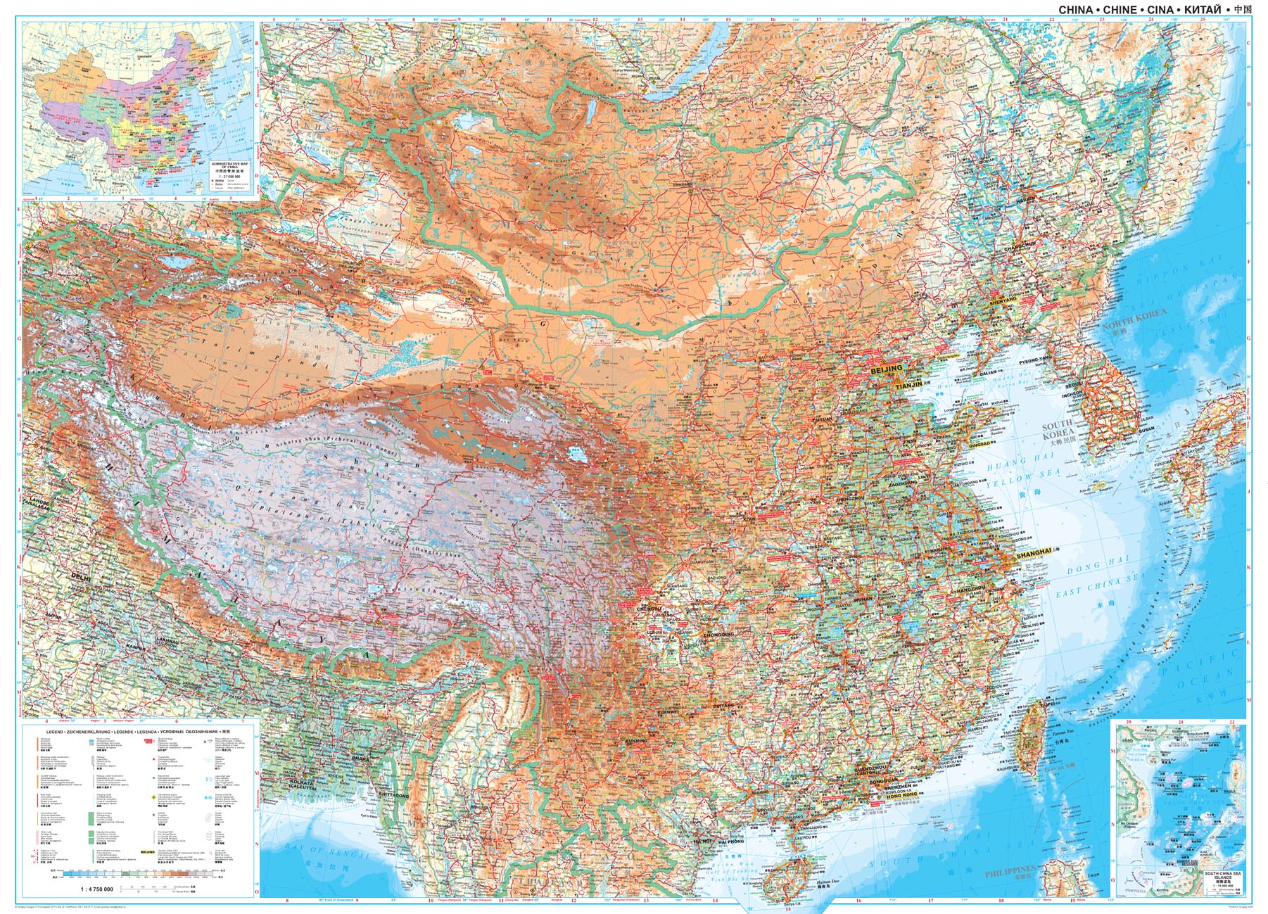 Wandkaart China - geografisch,…