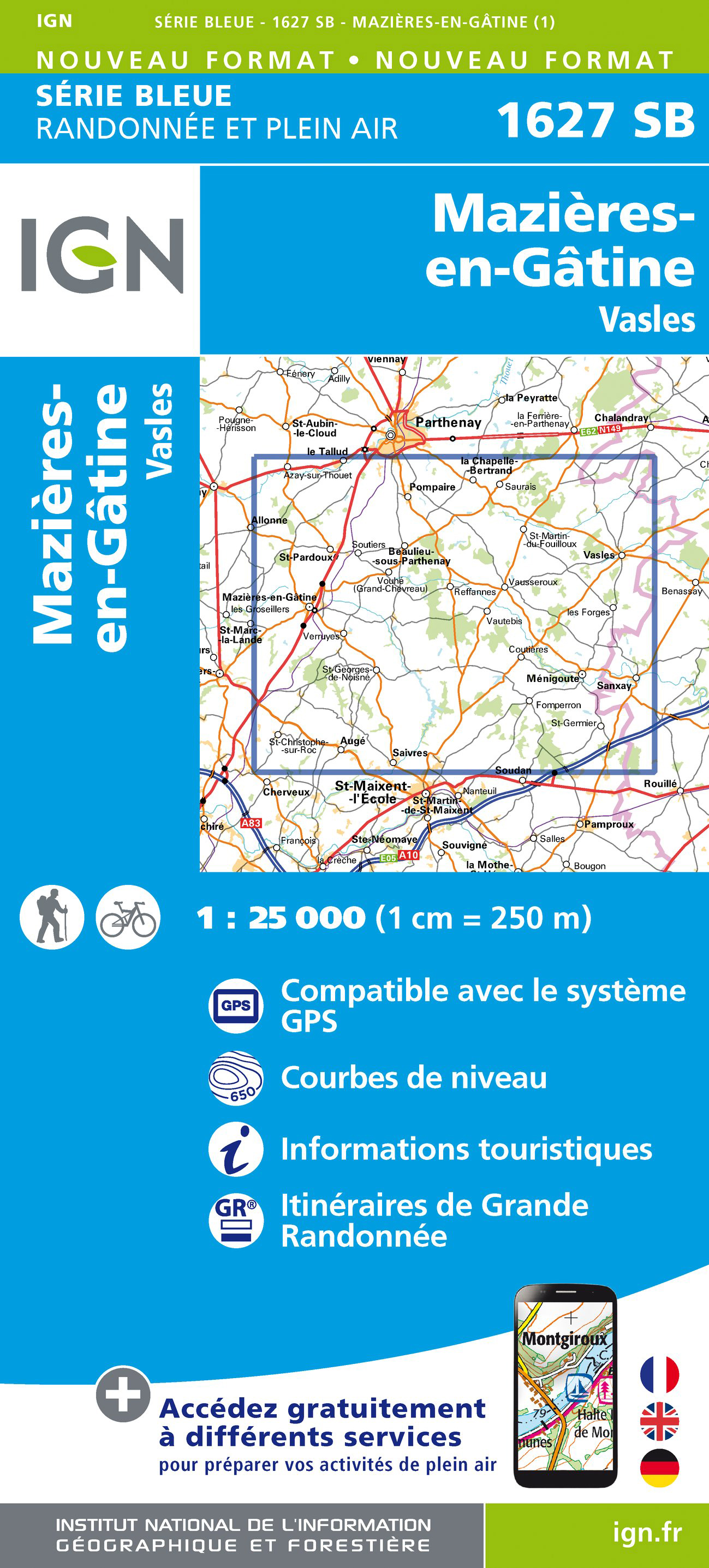 Online bestellen: Wandelkaart - Topografische kaart 1627 SB - Serie Bleue Mazieres-en-Gatine, Vasles | IGN - Institut Géographique National