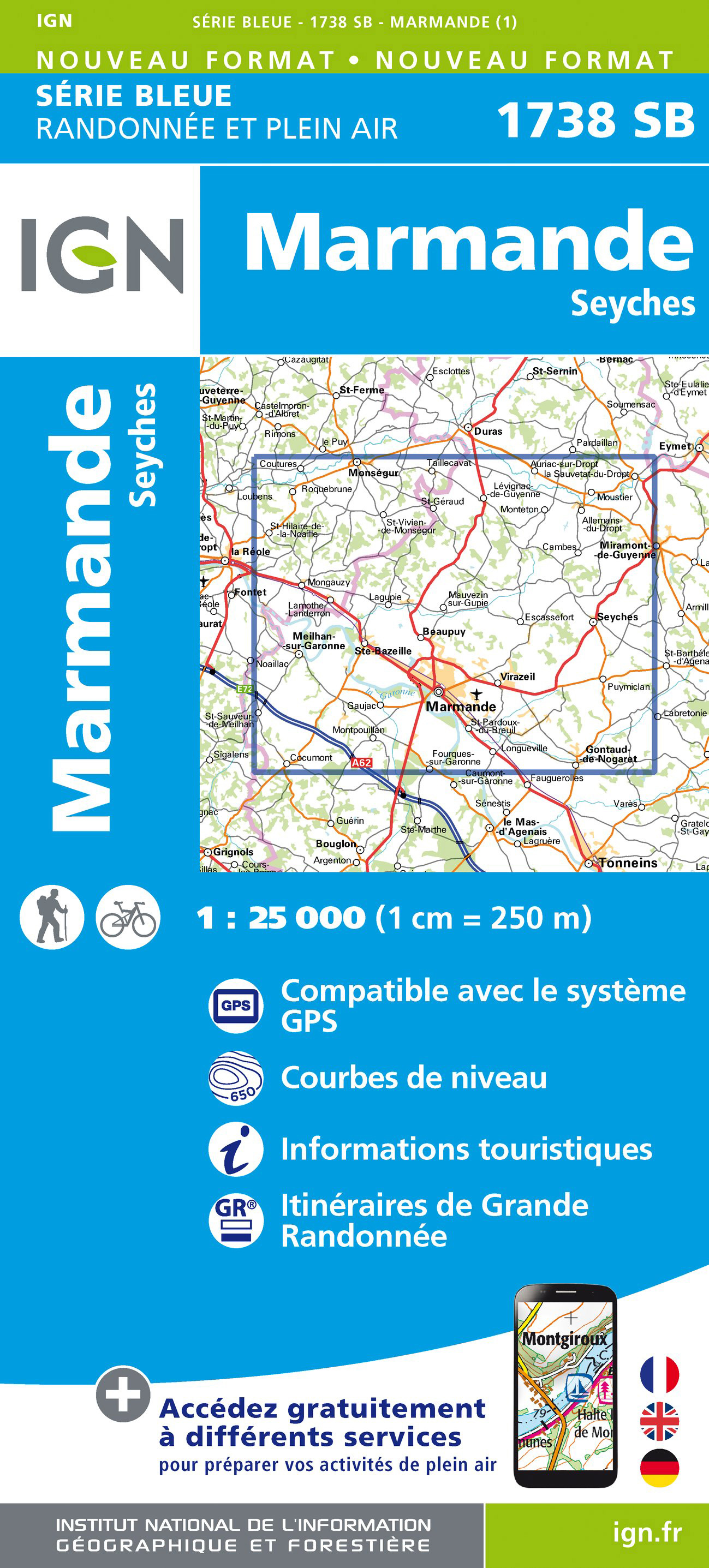 Online bestellen: Wandelkaart - Topografische kaart 1738 SB - Serie Bleue Marmande - Seyches | IGN - Institut Géographique National