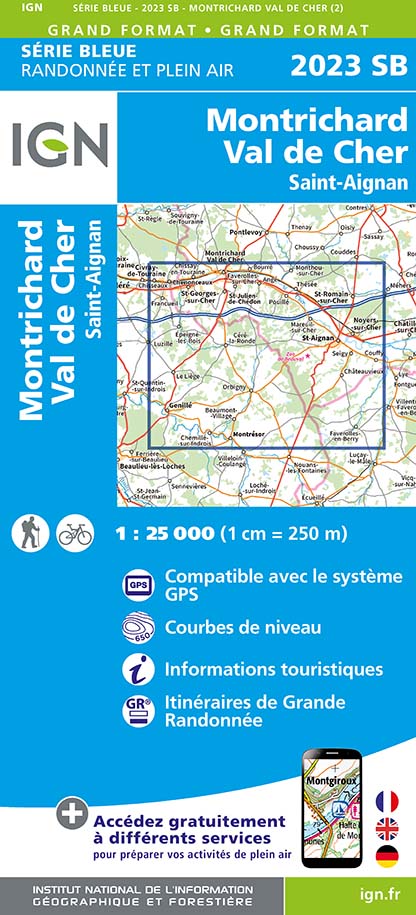 Online bestellen: Wandelkaart - Topografische kaart 2023 SB - Serie Bleue Montrichard, St-Aignan | IGN - Institut Géographique National