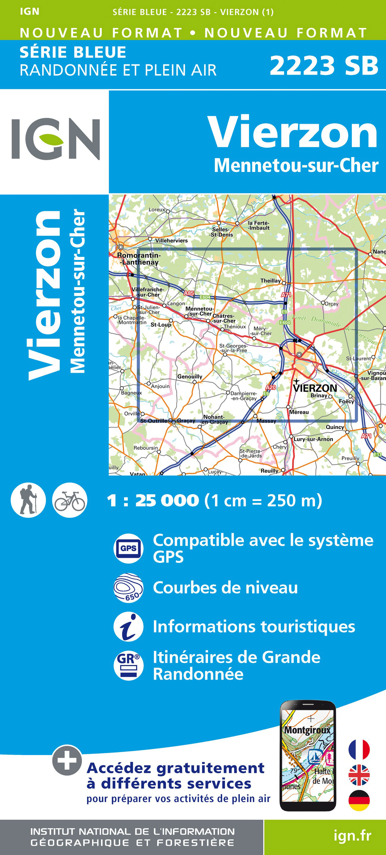 Online bestellen: Wandelkaart - Topografische kaart 2223 SB - Serie Bleue Vierzon, Mennetou-sur-Cher | IGN - Institut Géographique National