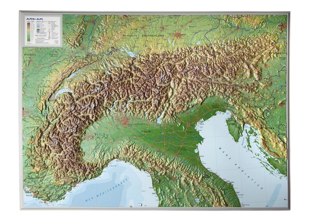 Online bestellen: Wandkaart - Reliëfkaart van de Alpen met voelbaar 3D Reliëf, 77 x 57 cm | GeoRelief