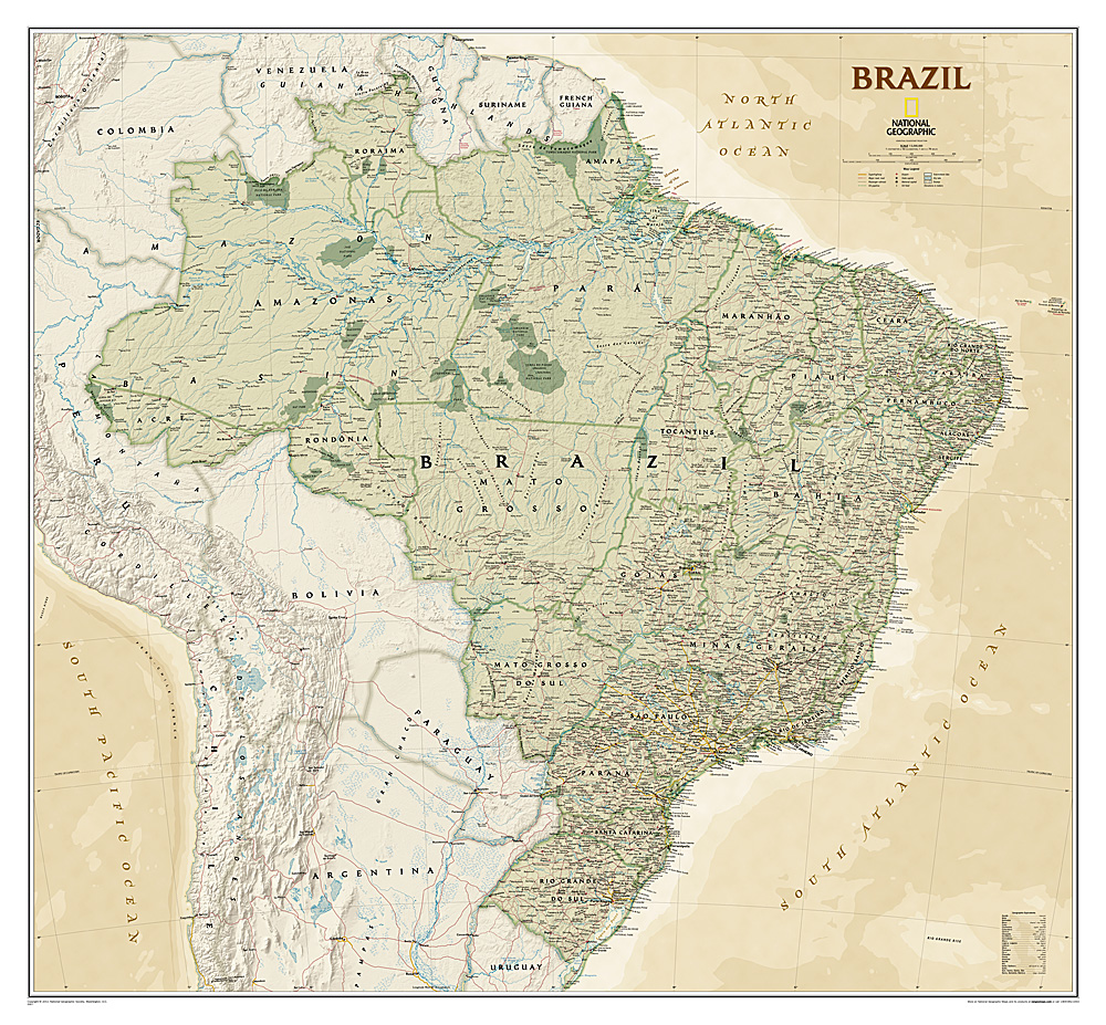 Online bestellen: Wandkaart 20611 Brazil - Brazilië, politiek & antiek, 104 x 97 cm | National Geographic