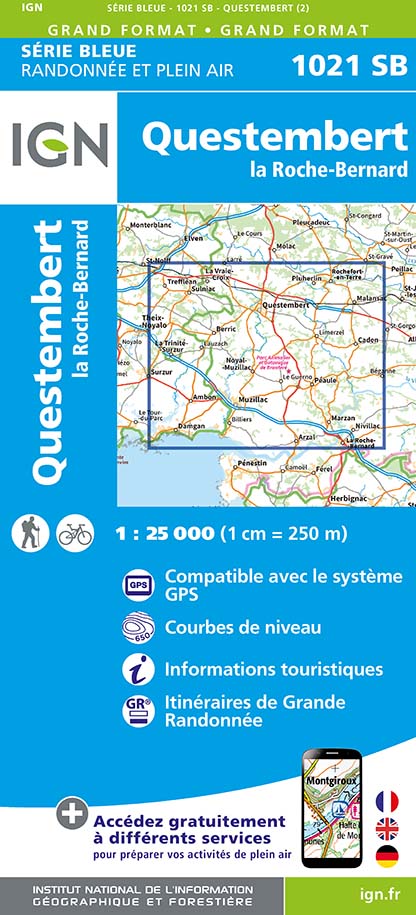 Online bestellen: Wandelkaart - Topografische kaart 1021 SB - Serie Bleue Questembert - La Roche-Bernard | IGN - Institut Géographique National