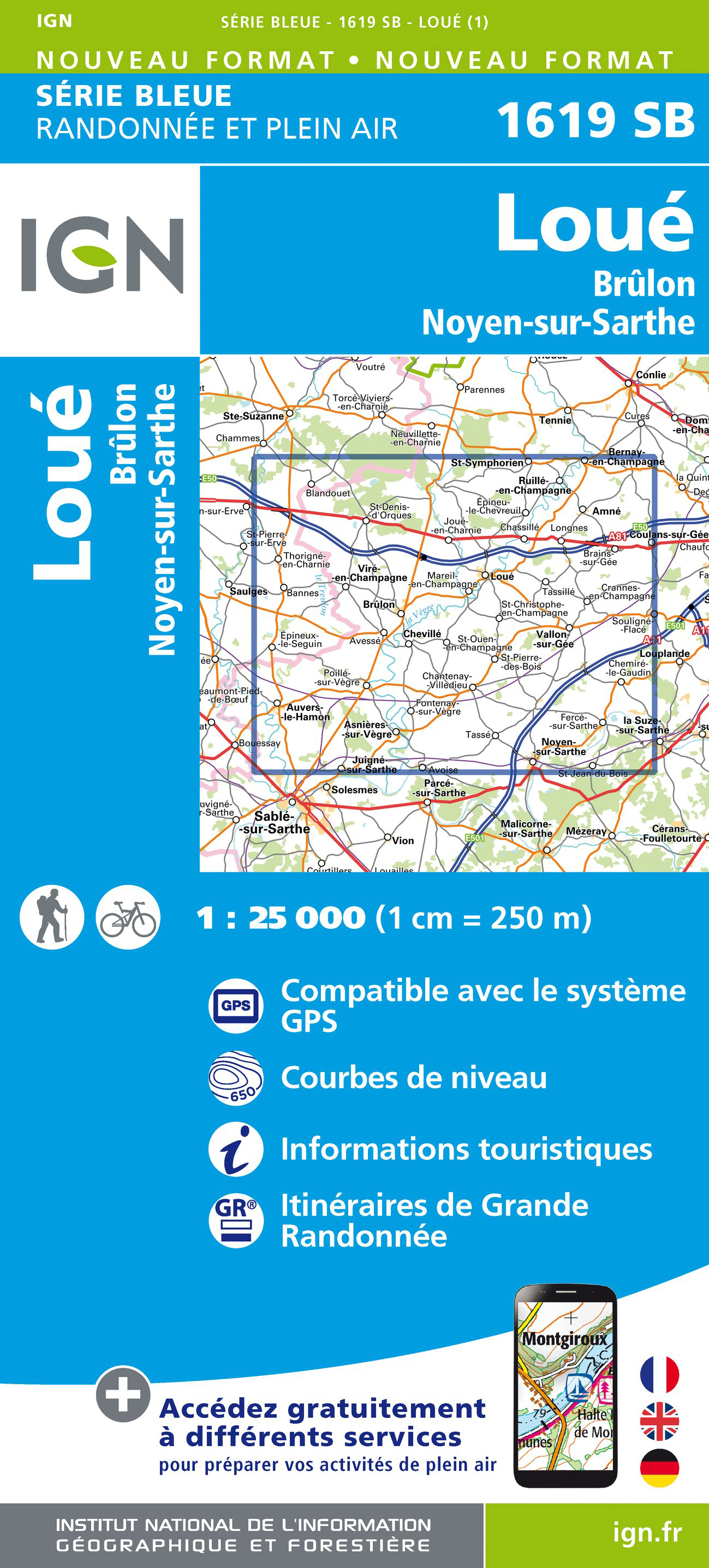 Online bestellen: Wandelkaart - Topografische kaart 1619 SB - Serie Bleue Loué - Brûlon, Noyen-sur-Sarthe | IGN - Institut Géographique National