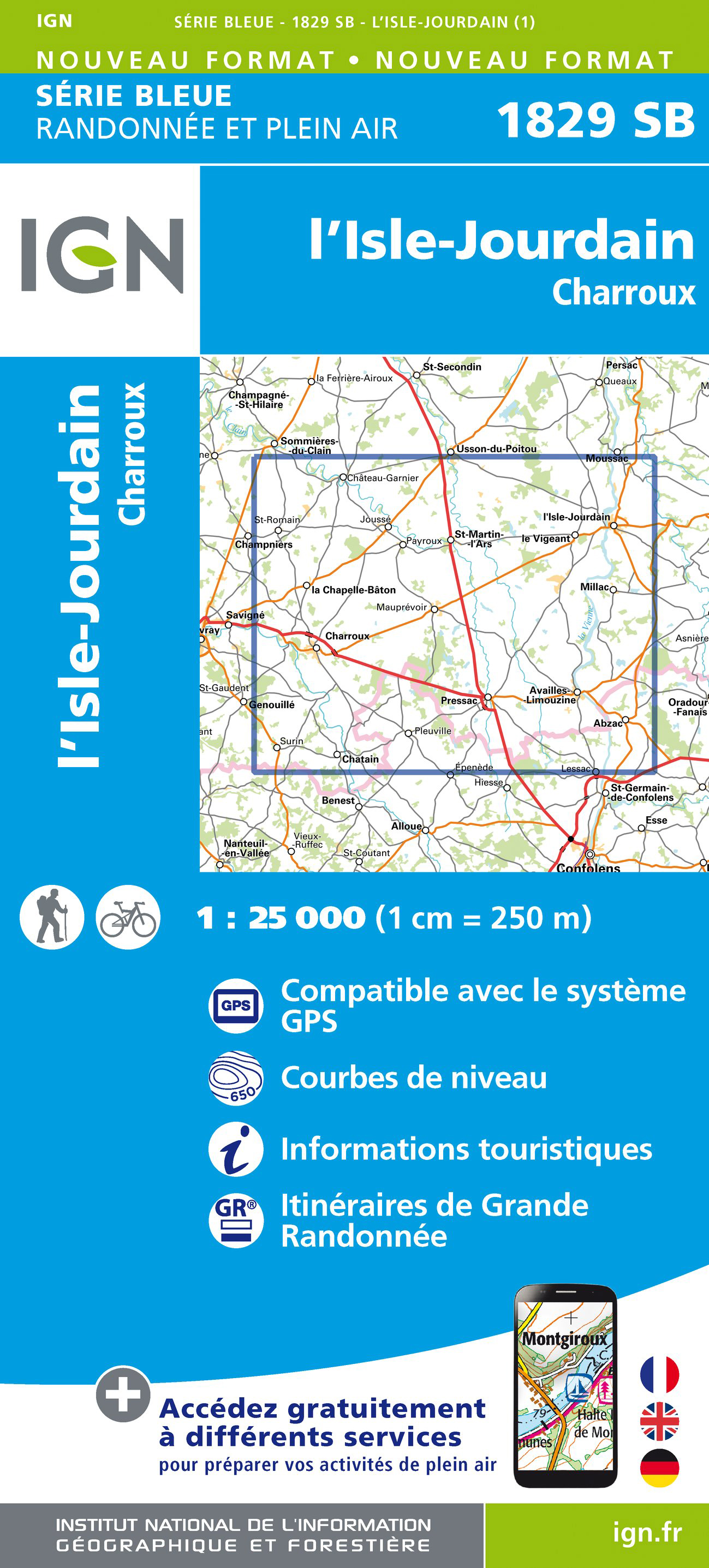 Online bestellen: Wandelkaart - Topografische kaart 1829 SB - Serie Bleue L'Isle-Jourdain - Charroux | IGN - Institut Géographique National