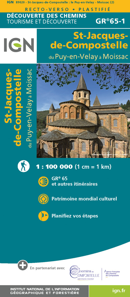 Online bestellen: Wandelkaart - Pelgrimsroute (kaart) 89020 St-Jacques-de-Compostela GR 65-1, St Jacobsroute | IGN - Institut Géographique National