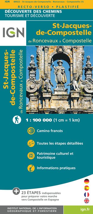 Online bestellen: Wandelkaart - Pelgrimsroute (kaart) 89022 St-Jacques-de-Compostela, Camino Frances | IGN - Institut Géographique National