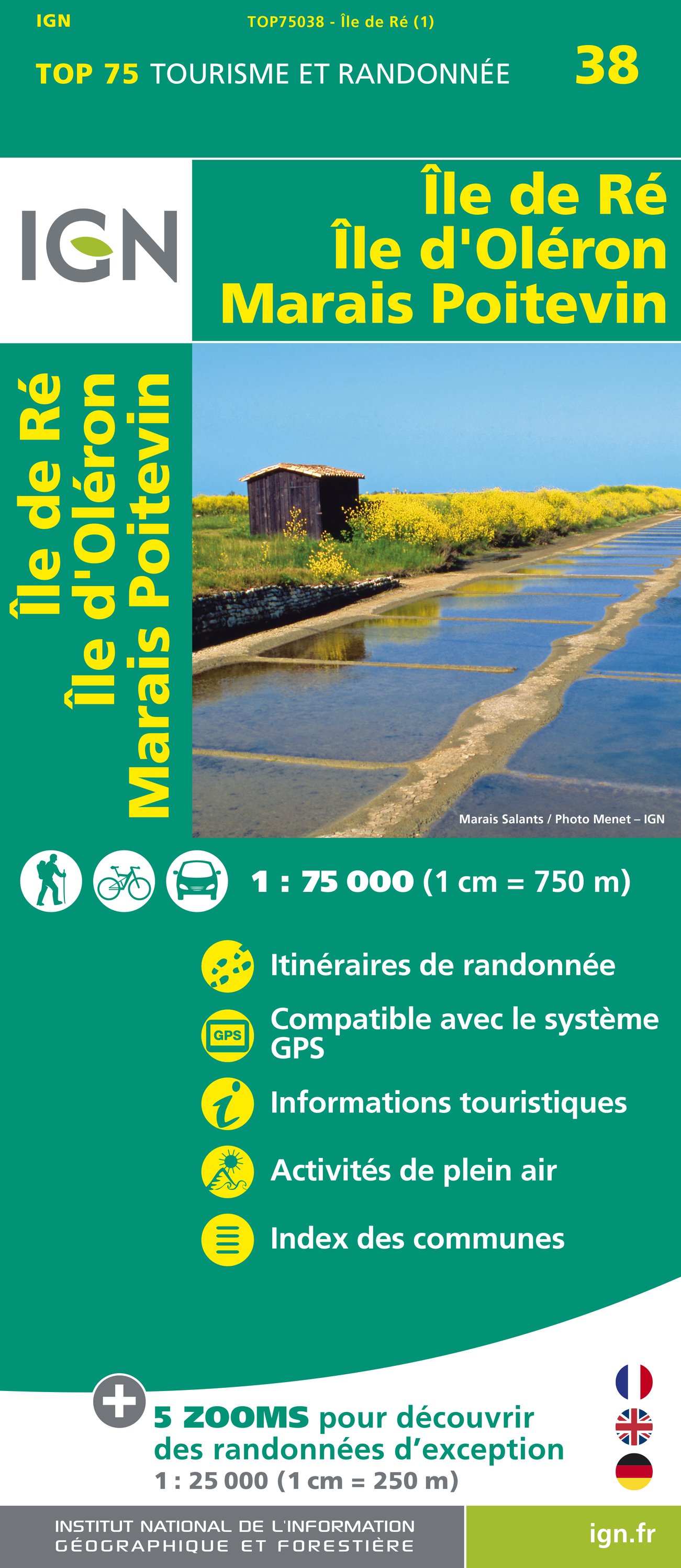 Online bestellen: Wandelkaart - Fietskaart 75038 Île de Ré, Île d'Oléron, Marais Poitevin | IGN - Institut Géographique National