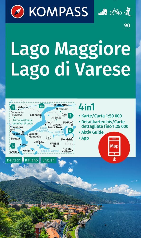 Online bestellen: Wandelkaart 90 Lago Maggiore - Lago di Varese | Kompass