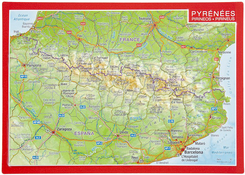 Ansichtkaart Pyreneeën met reliëf | GeoRelief