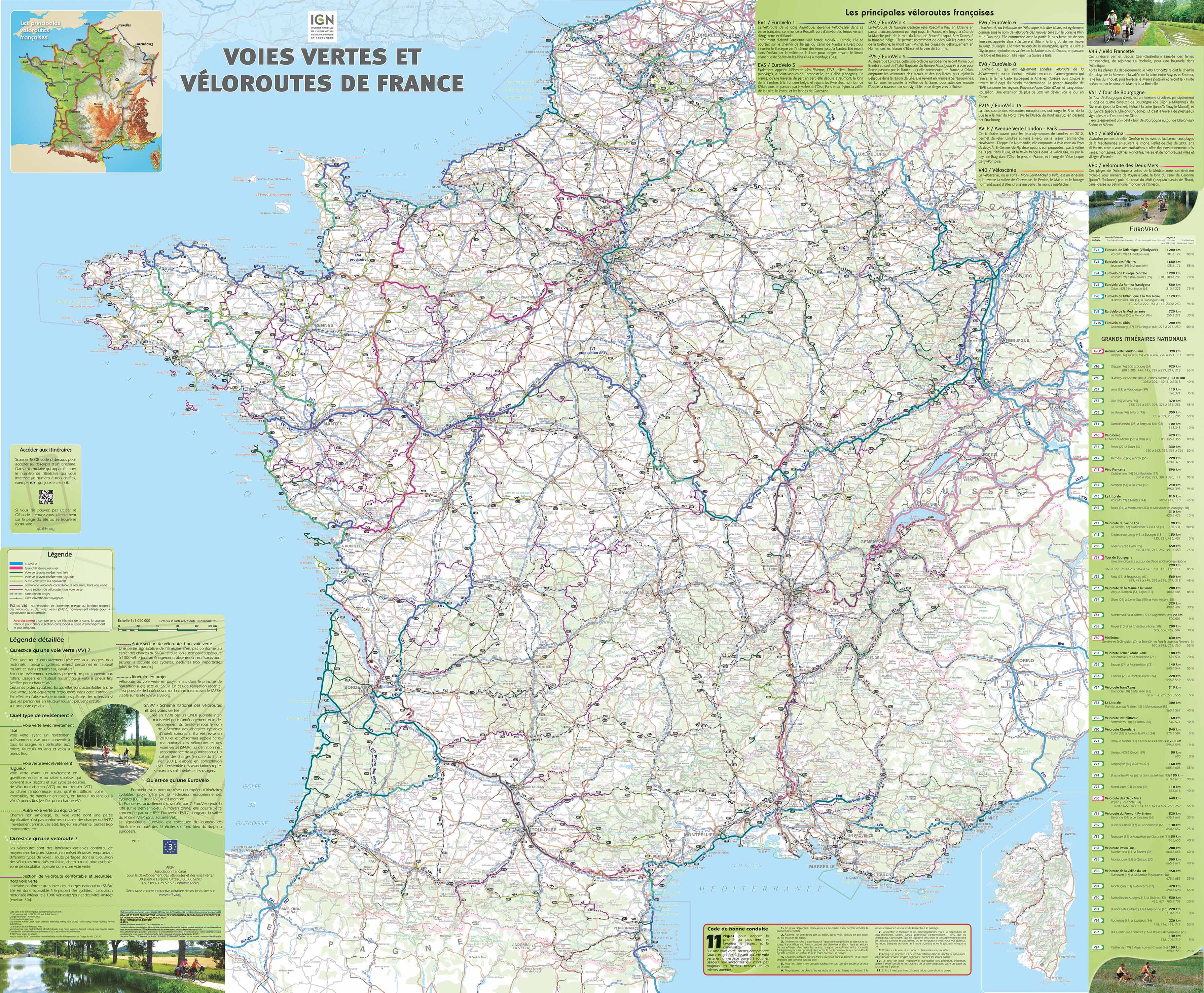 Online bestellen: Wandkaart 70055 Poster Voies vertes & véloroutes - Groene Fietspaden - Groene fietsroutes Frankrijk | 98 x 119 cm | IGN - Institut Géographique National