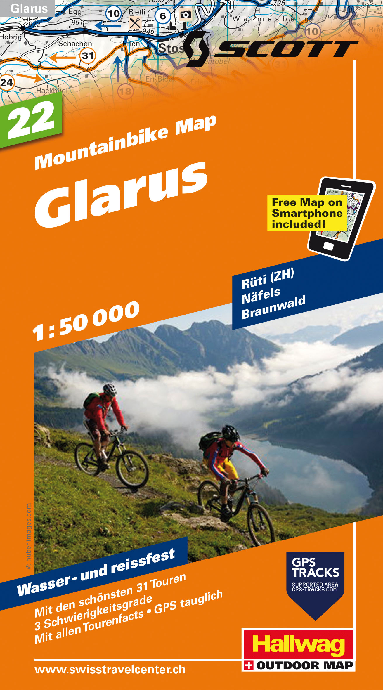 Online bestellen: Mountainbikekaart 22 Glarus MTB kaart | Hallwag