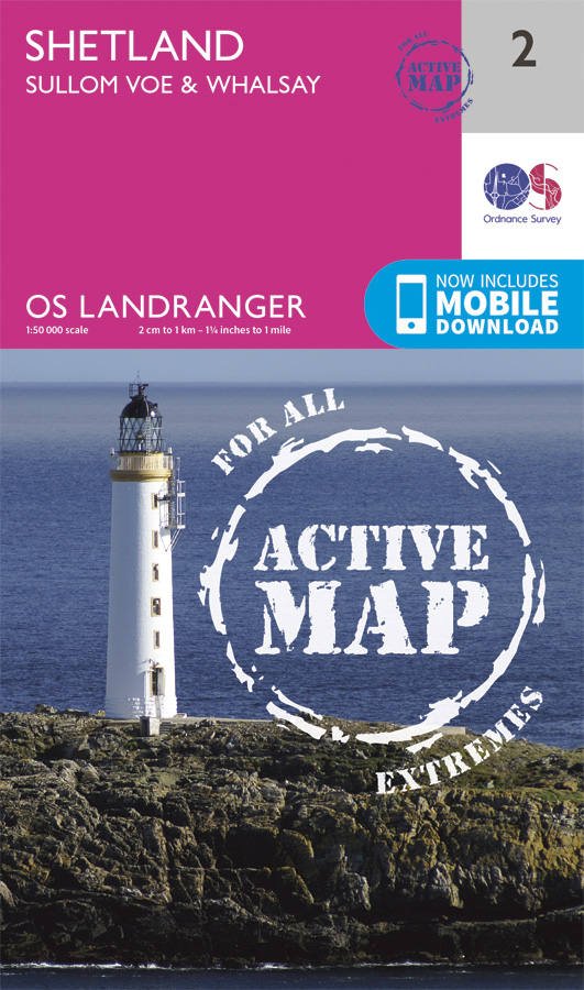 Online bestellen: Wandelkaart - Topografische kaart 2 Landranger Active Shetland - Sullom Voe / Whalsay | Ordnance Survey