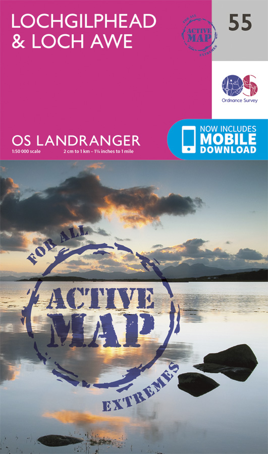 Online bestellen: Wandelkaart - Topografische kaart 55 Landranger Active Lochgilphead / Loch Awe | Ordnance Survey