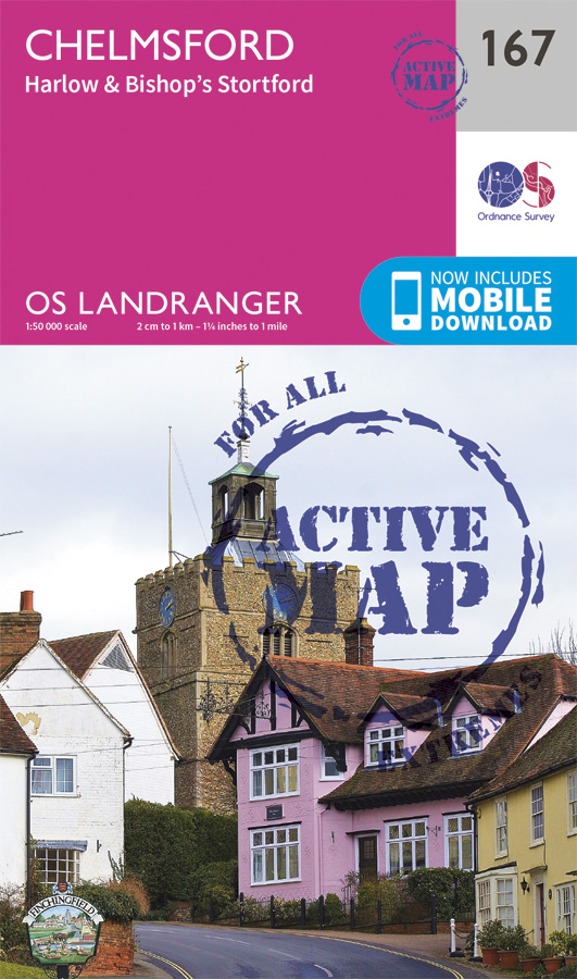 Online bestellen: Topografische kaart 167 Landranger Active Chelmsford / Harlow / Bishop's Stortford | Ordnance Survey