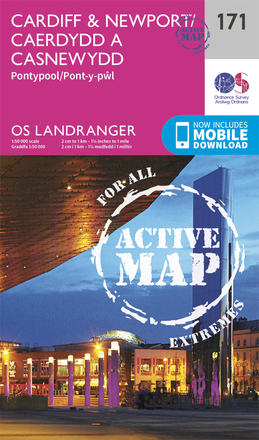 Online bestellen: Wandelkaart - Topografische kaart 171 Landranger Active Cardiff / Newport / Pontypool | Ordnance Survey