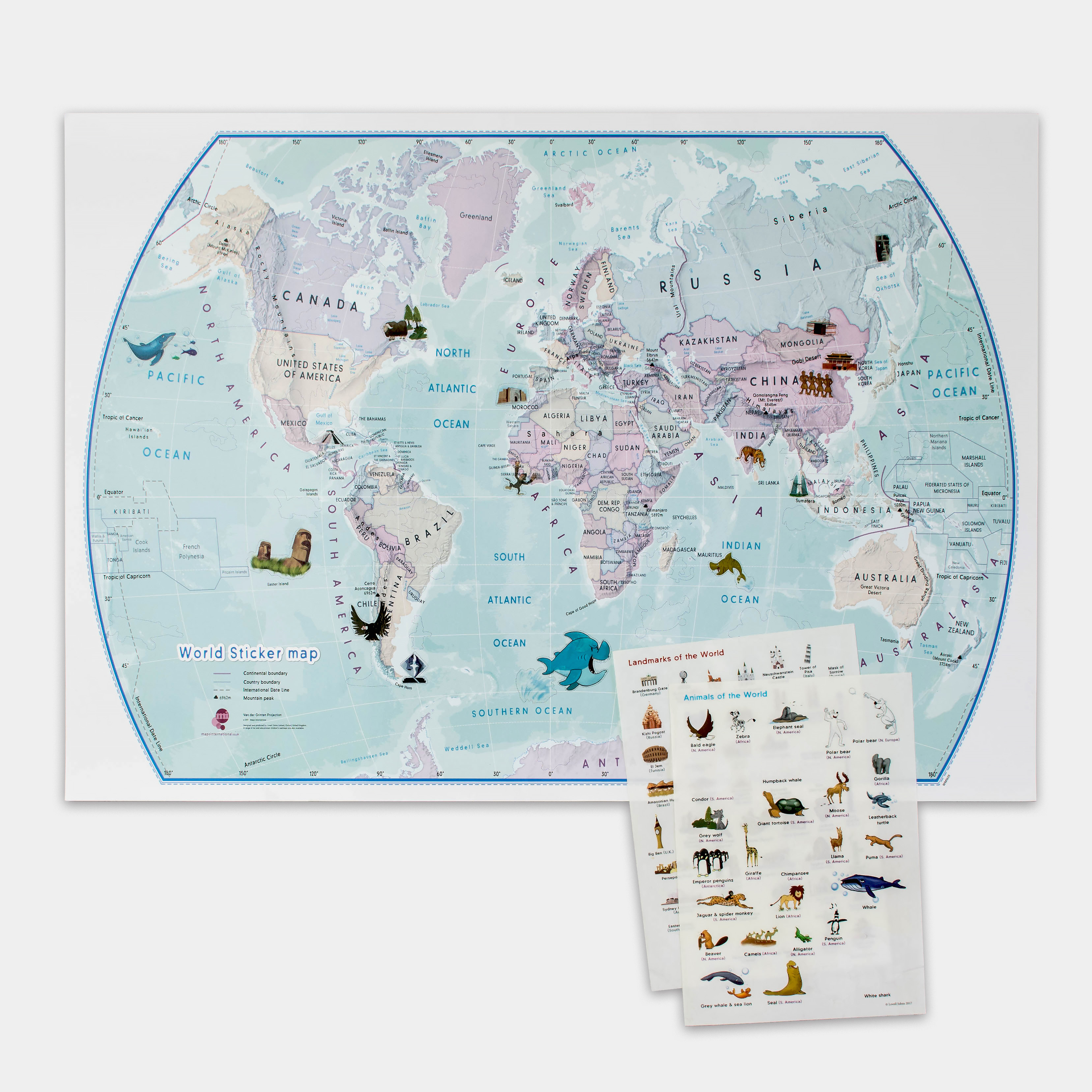 Kinderwereldkaart World stickerkaart geïllustreerd | Maps International