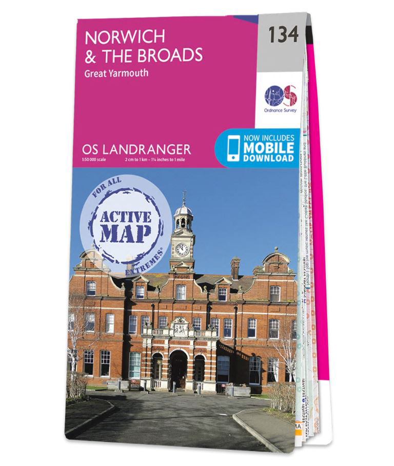 Online bestellen: Wandelkaart - Topografische kaart 134 Landranger Active Norwich / The Broads / Great Yarmouth | Ordnance Survey