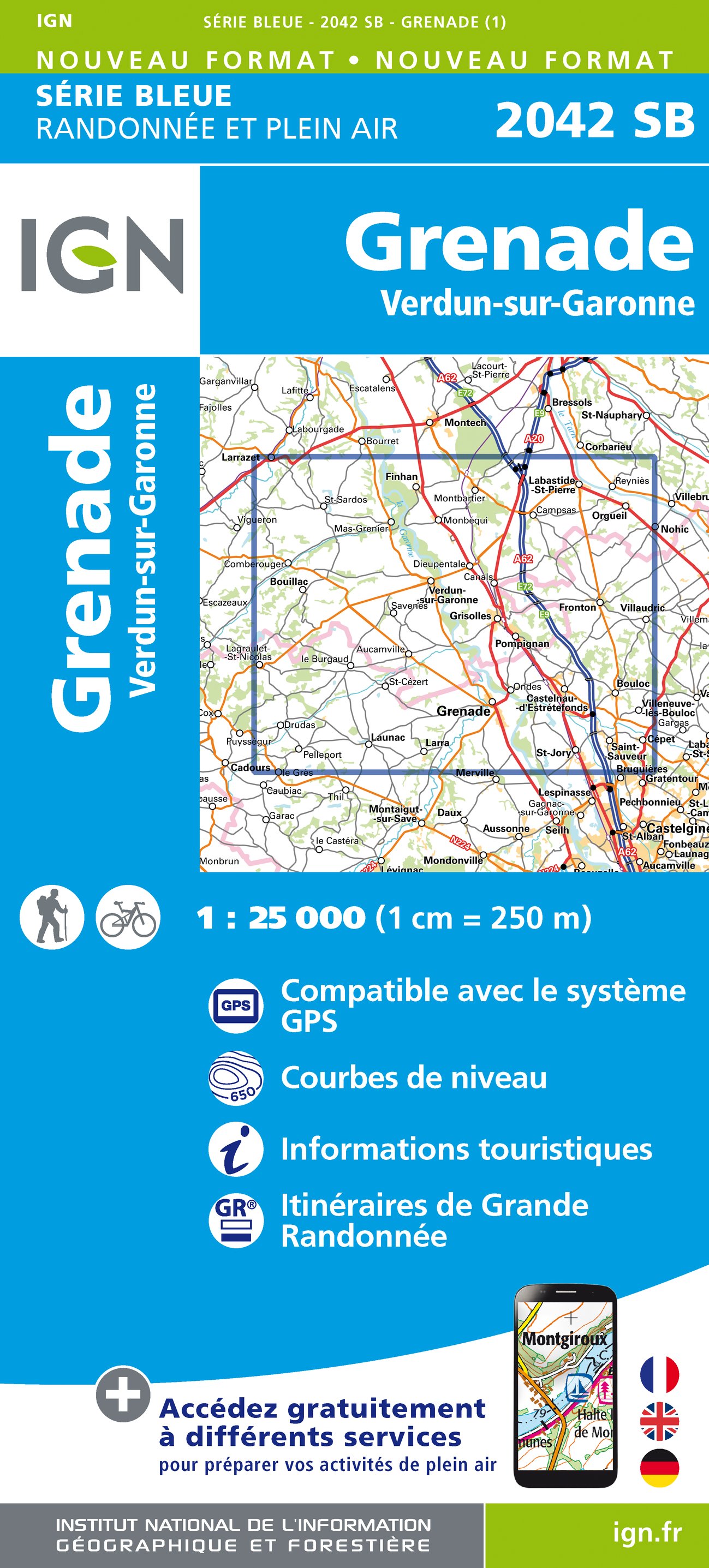 Online bestellen: Wandelkaart 2042 SB - Serie Bleue Grenade - Verdun-sur-Garonne | IGN - Institut Géographique National