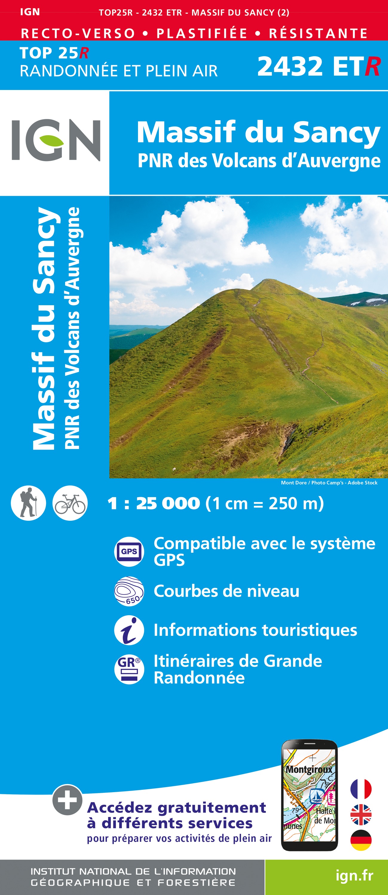 Online bestellen: Wandelkaart - Topografische kaart 2432ETR Massif du Sancy / PNR Volcans d' Auvergne | IGN - Institut Géographique National