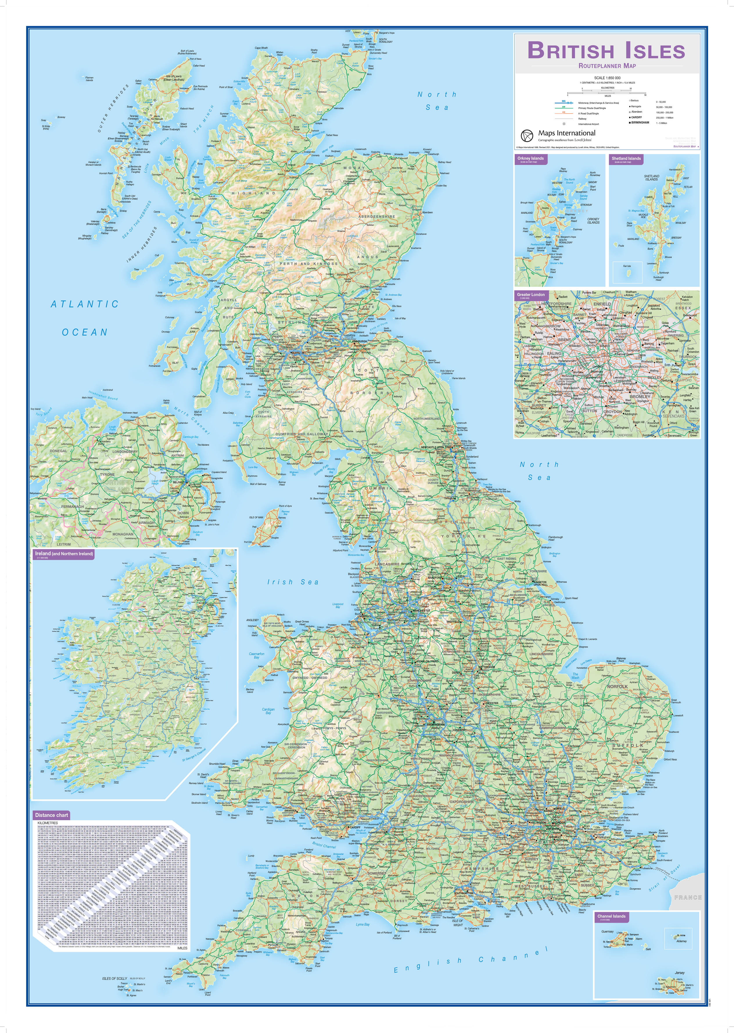 Online bestellen: Wandkaart Engeland - British Isles roadplanning wall map | 84 X 119 cm | Maps International