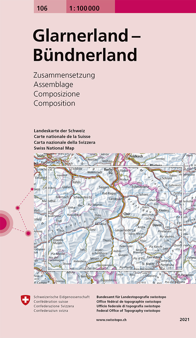 Online bestellen: Fietskaart - Wegenkaart - landkaart 106 Glarnerland / Bündnerland | Swisstopo