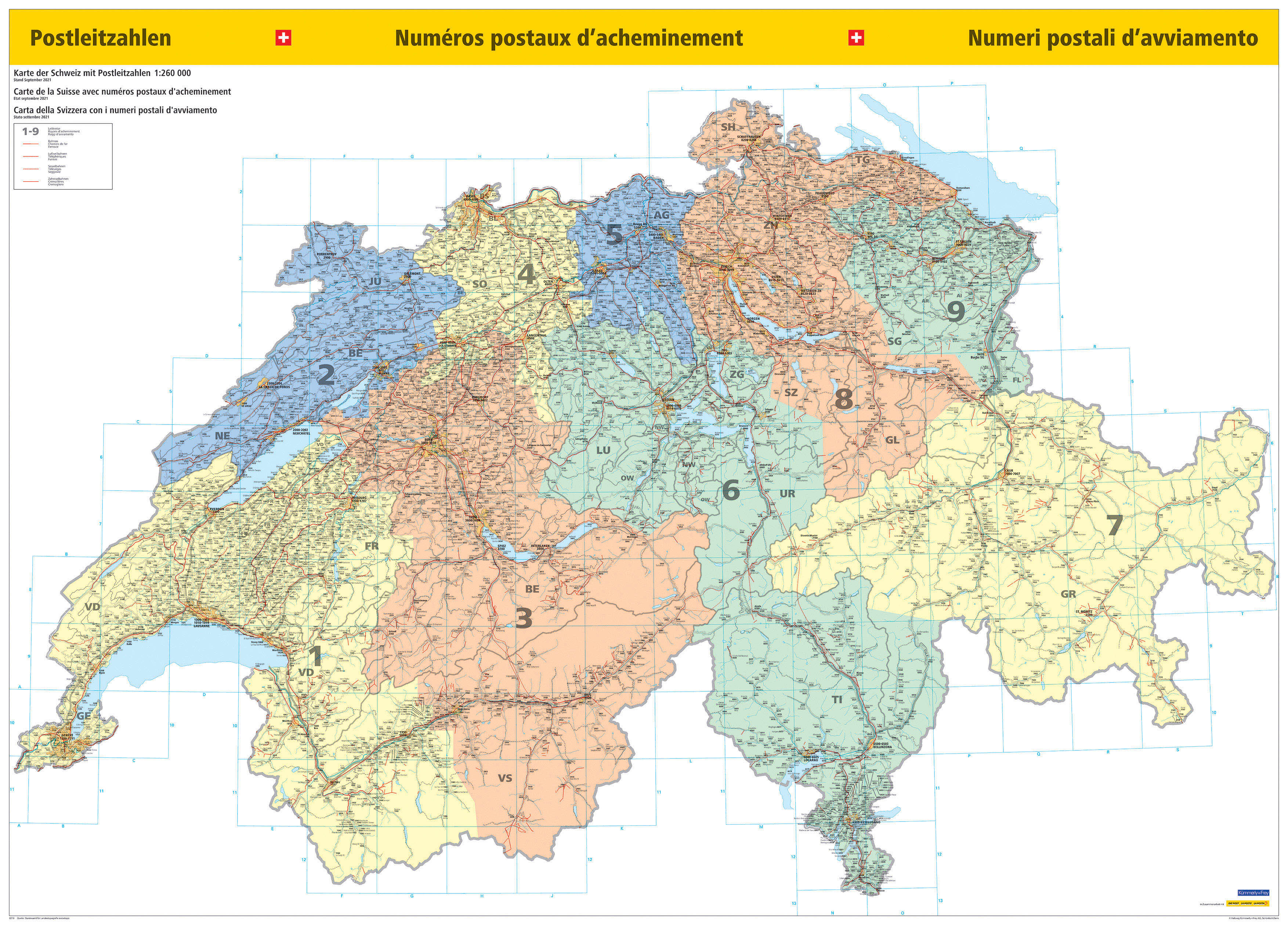 Online bestellen: Wandkaart Zwitserland Postcodekaart | 139 x 100 cm | Kümmerly & Frey