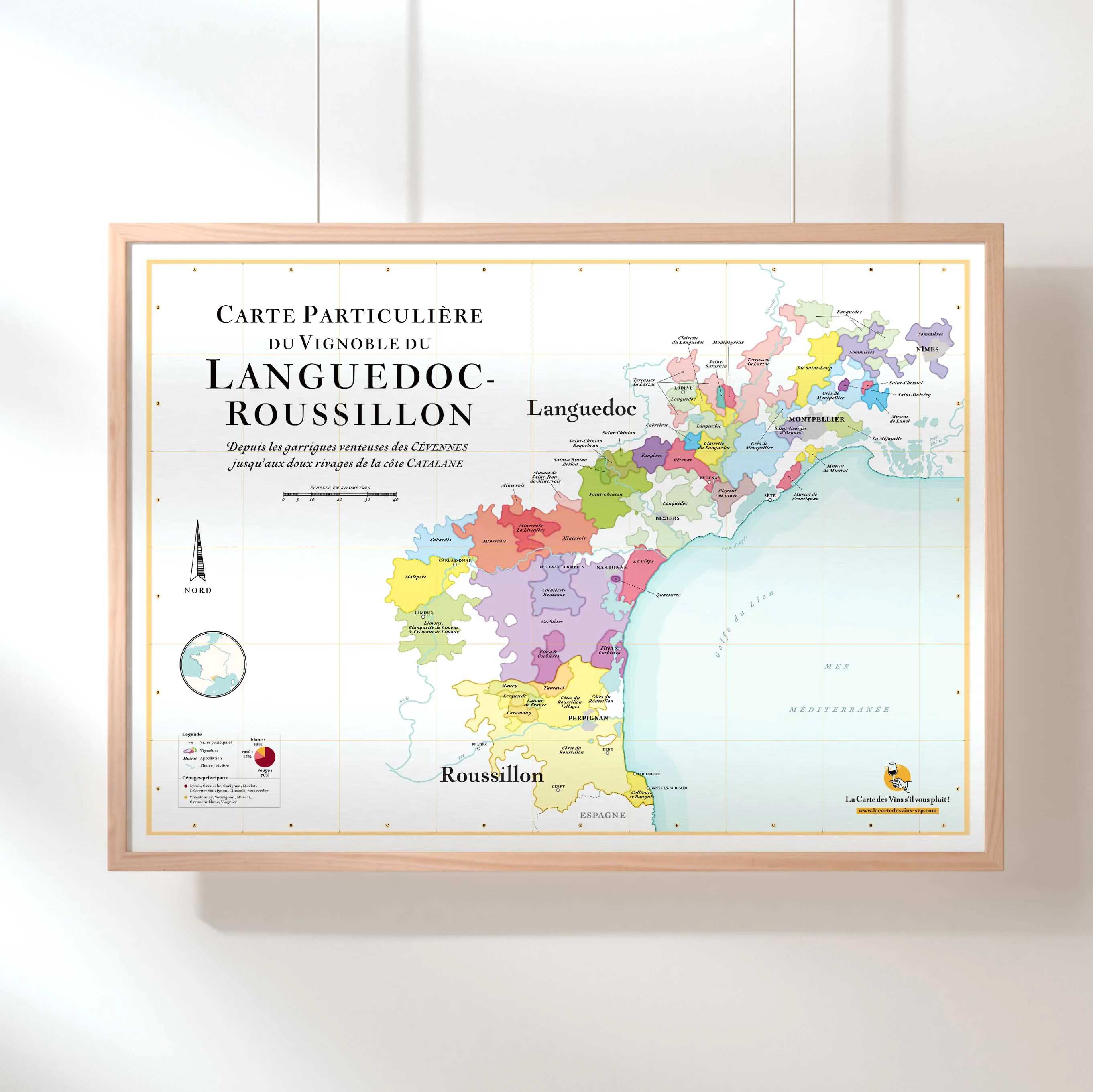 Online bestellen: Wandkaart Languedoc Rousillon Carte des vins | Wijnkaart | 50 x 70 cm | La carte des vins