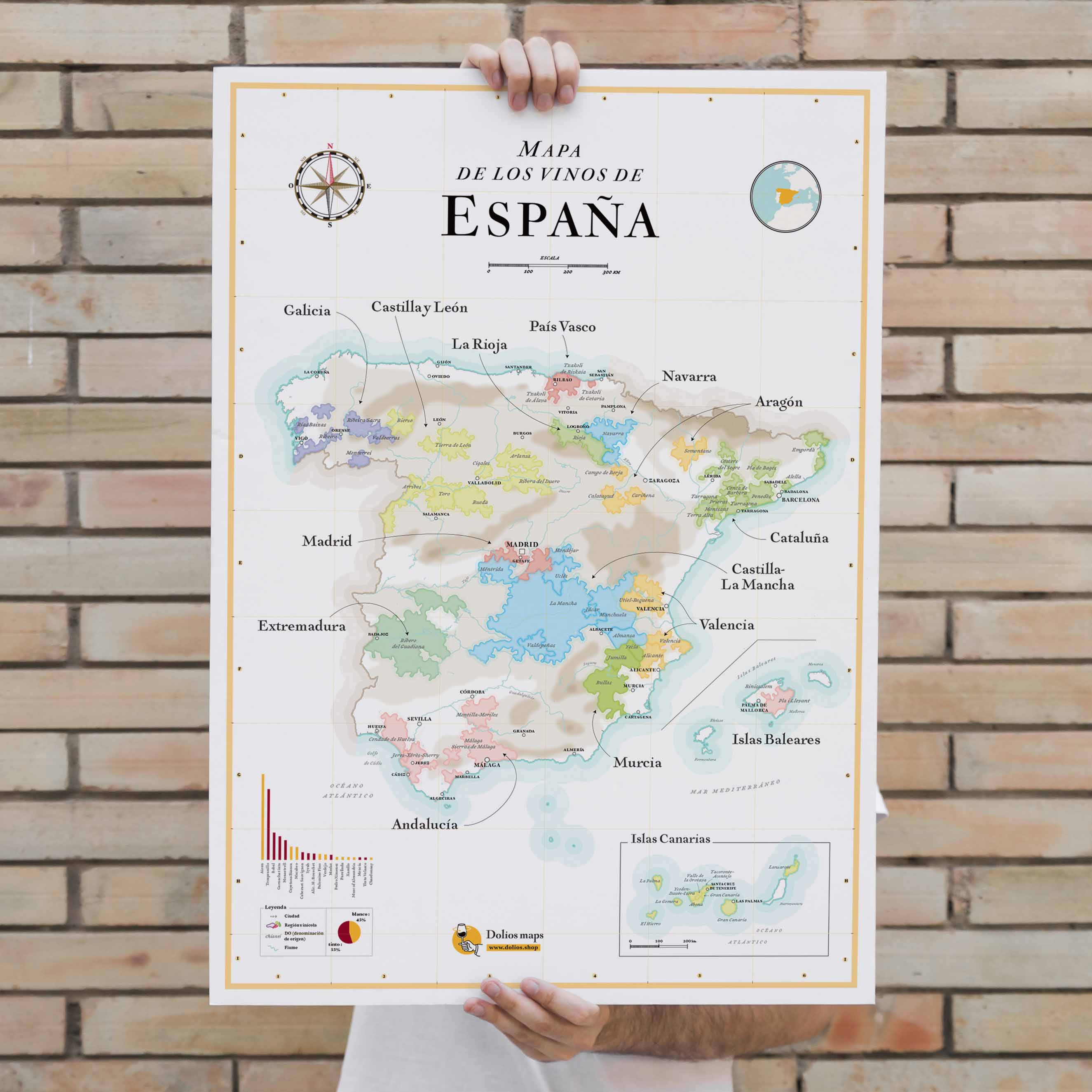 Online bestellen: Wandkaart Espana mapa de los vinos | Wijnkaart van Spanje | 50 x 70 cm | La carte des vins