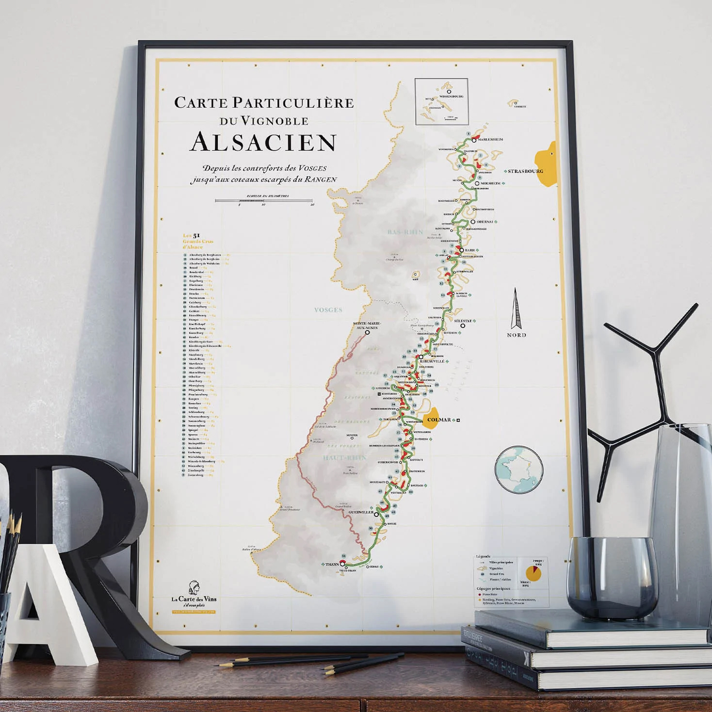 Online bestellen: Wandkaart Alsace Carte des vins | Wijnkaart van de Elzas | 50 x 70 cm | La carte des vins