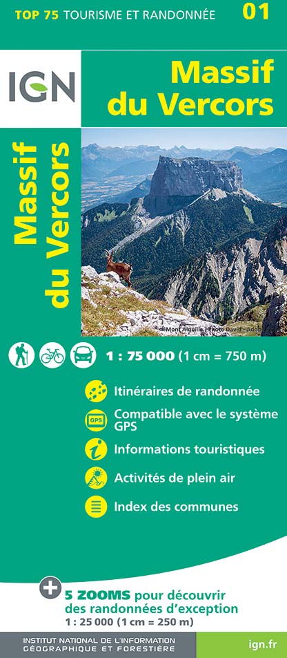 Online bestellen: Fietskaart - Wandelkaart 75001 Massif du Vercors | IGN - Institut Géographique National