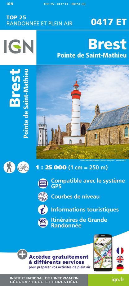 Online bestellen: Wandelkaart - Topografische kaart 0417ET Brest, Pointe de St.Mathieu, St.-Renan, Le Conquet, Guipavas | IGN - Institut Géographique National