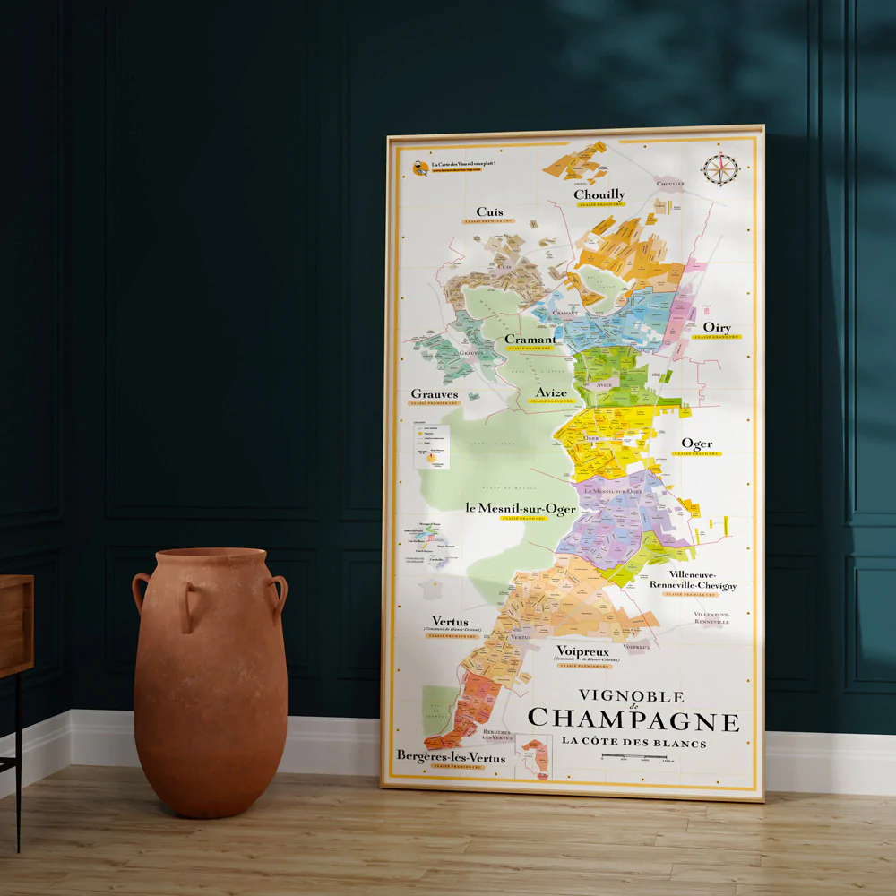 Online bestellen: Wandkaart Champagne Carte des Crus (La côte des Blancs) | Wijnkaart van de Champagne | 50 x 100 cm | La carte des vins