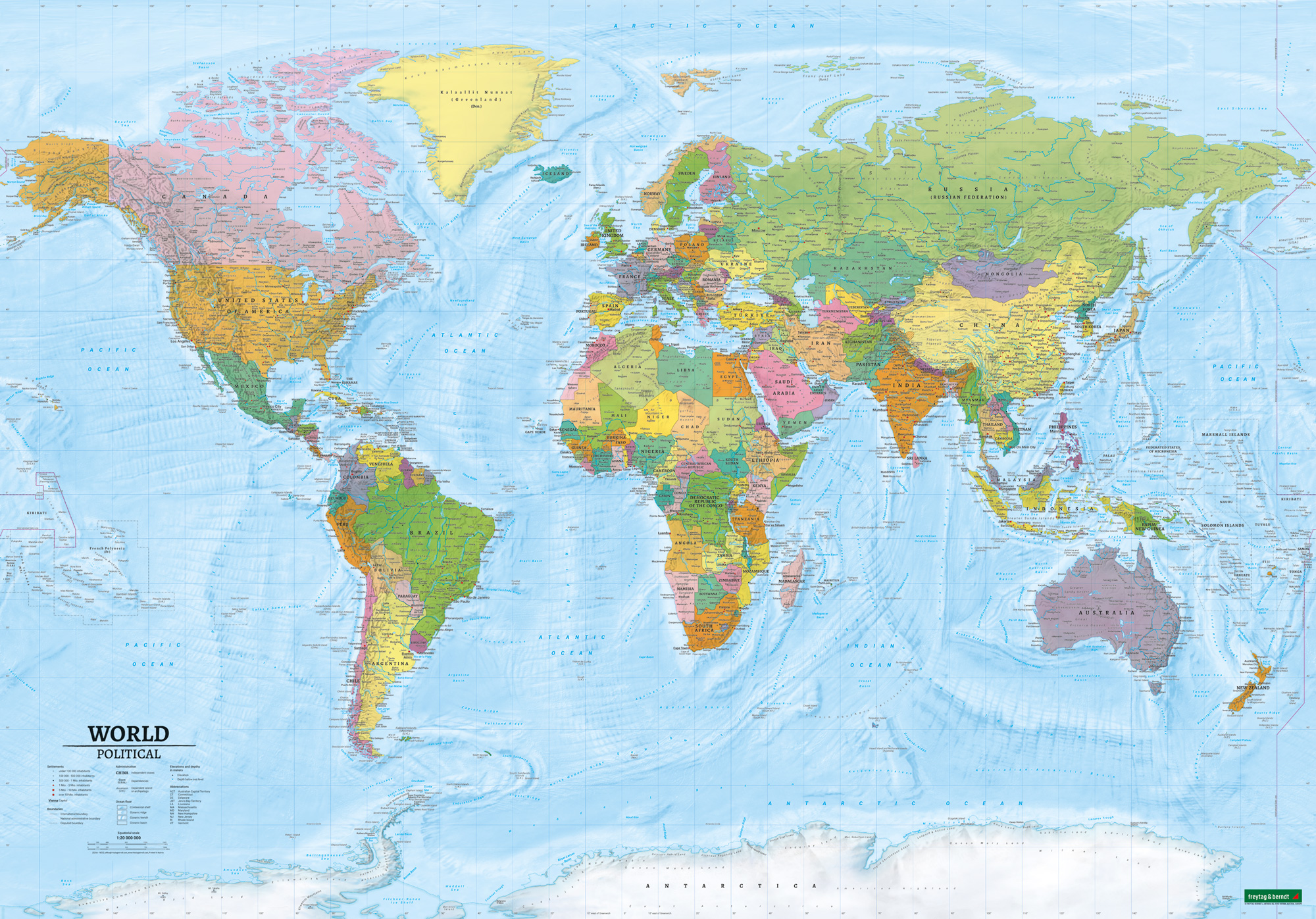 Wereldkaart World map, political - physical | 138 x 96 cm | Freytag & Berndt