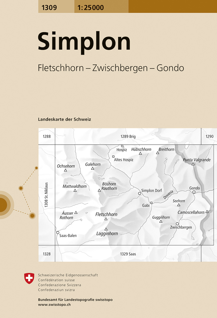 Online bestellen: Wandelkaart - Topografische kaart 1309 Simplon | Swisstopo