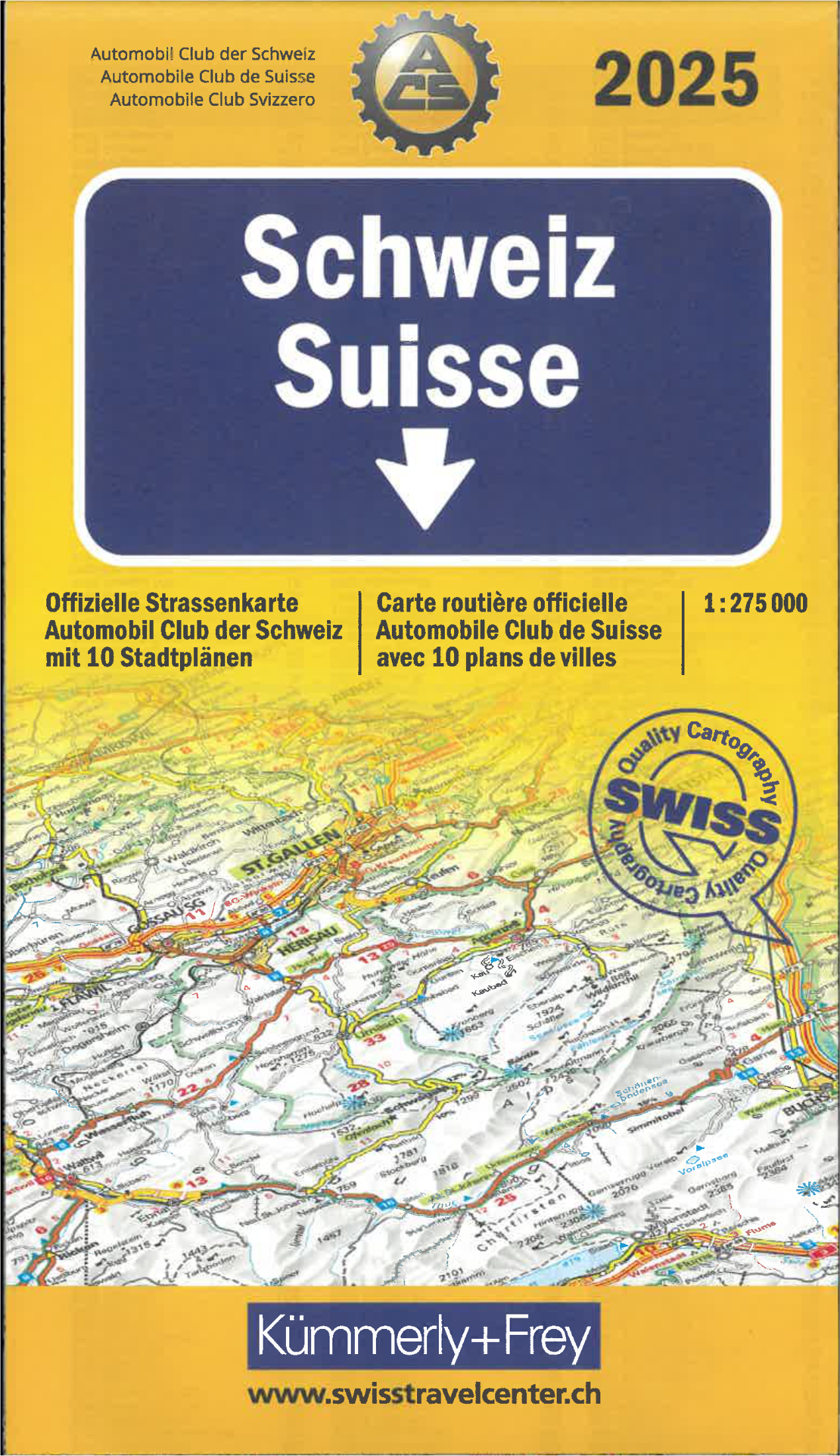 Online bestellen: Wegenkaart - landkaart Zwitserland 2025 ACS +10 stadsplannen | Kümmerly & Frey