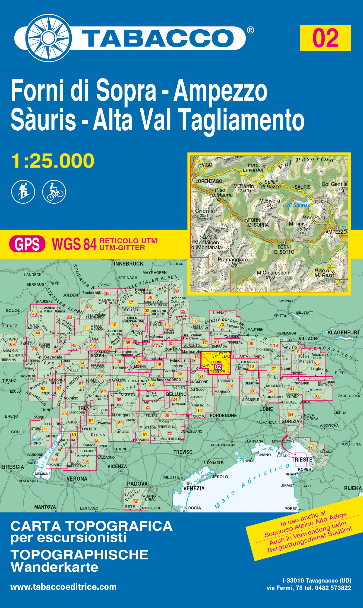 Online bestellen: Wandelkaart 02 Forni di Sopra - Ampezzo - Sauris - Alta Val Tagliamento | Tabacco Editrice