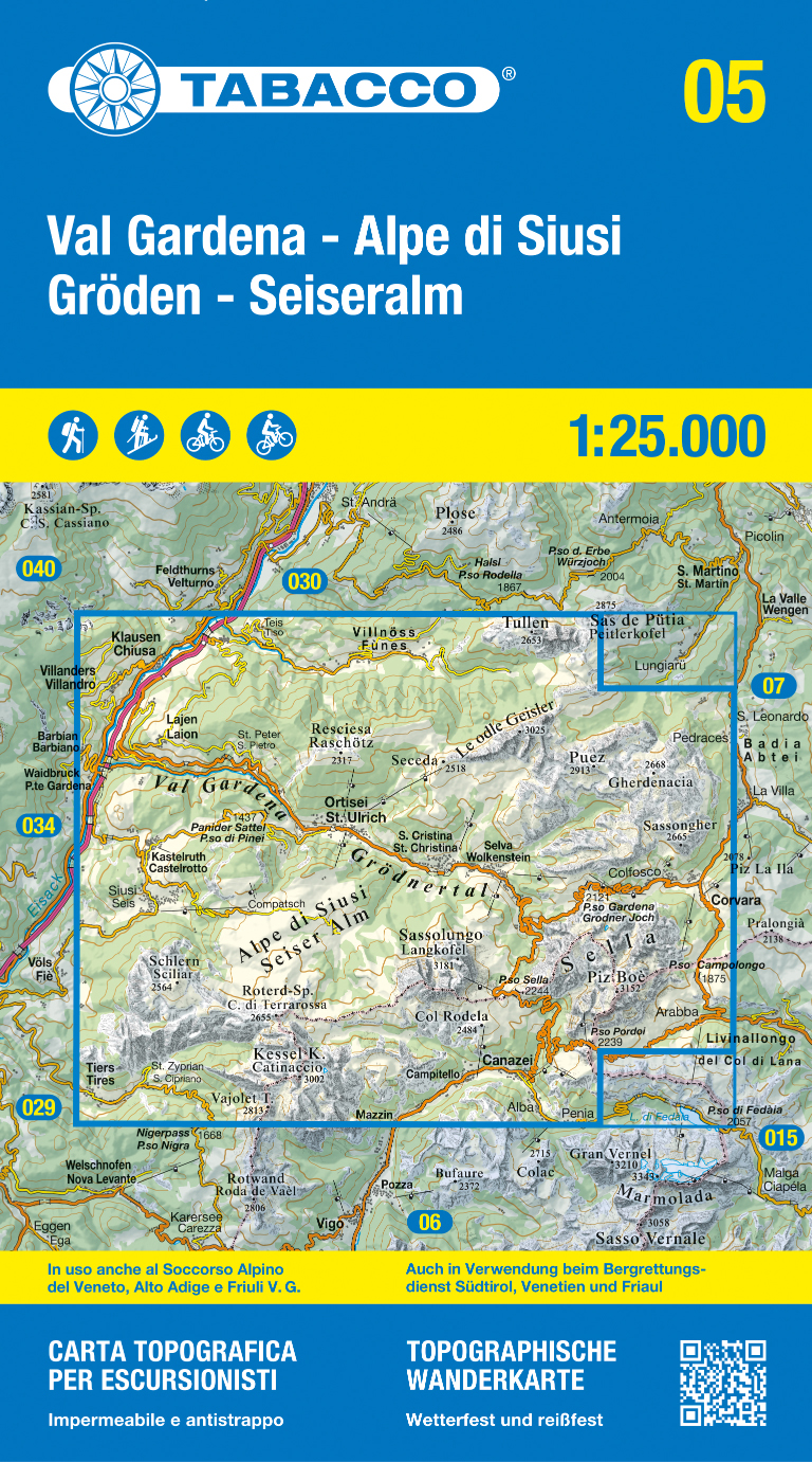 Online bestellen: Wandelkaart 05 Val Gardena - Alpe di Siusi - Gröden - Seiseralm | Tabacco Editrice