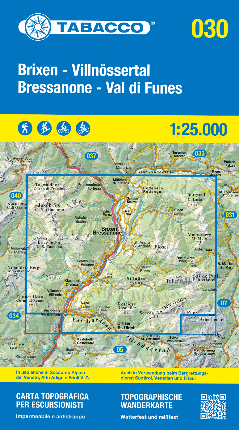 Online bestellen: Wandelkaart 030 Brixen - Villnössertal - Bressanone - Val di Funes | Tabacco Editrice