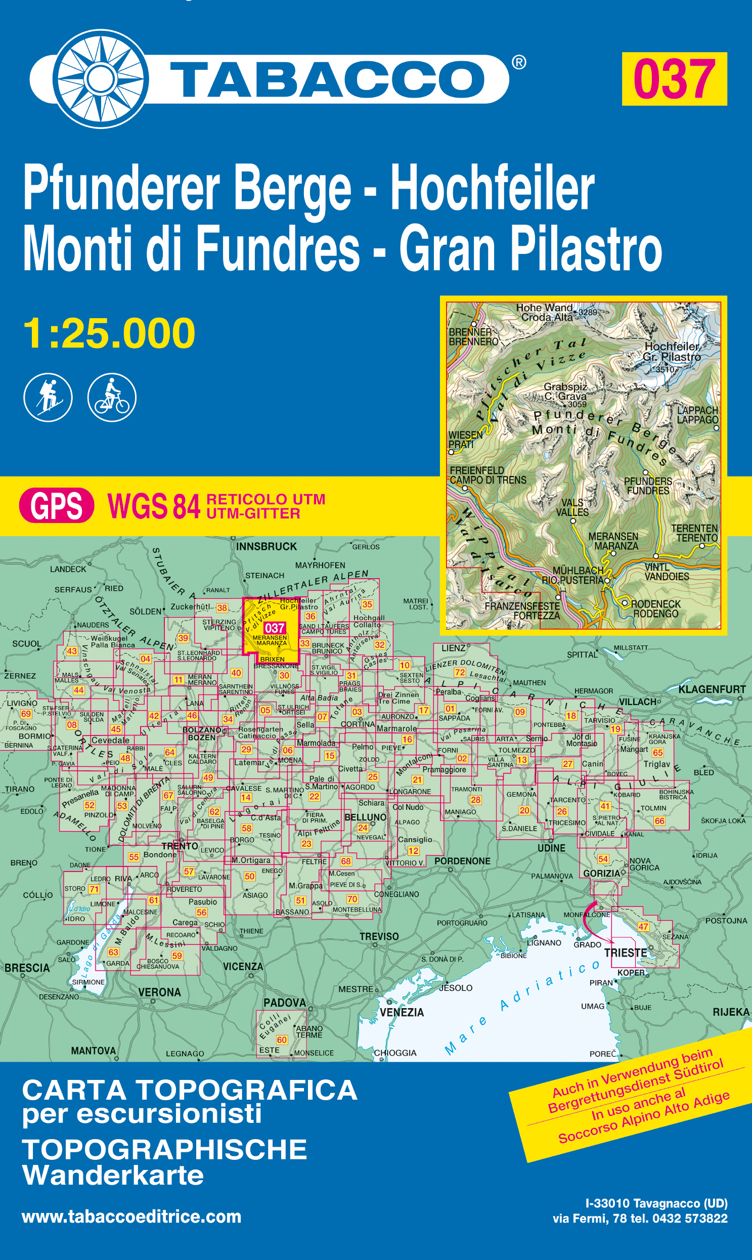 Online bestellen: Wandelkaart 037 Pfunderer Berge - Hochfeiler - Monti di Fundres - Gran Pilastro | Tabacco Editrice