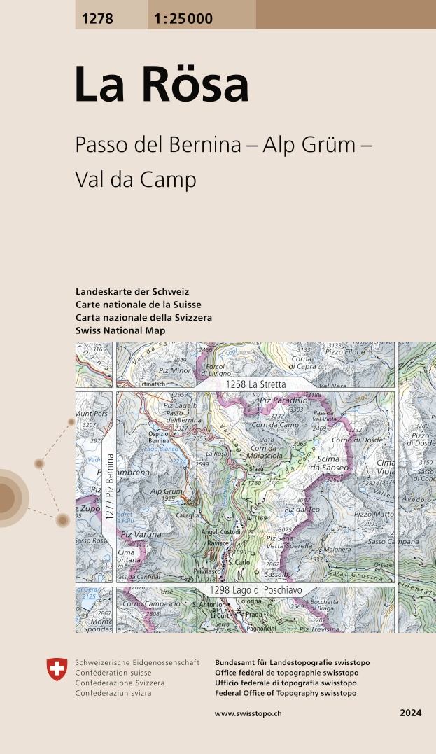 Online bestellen: Wandelkaart - Topografische kaart 1278 La Rösa | Swisstopo