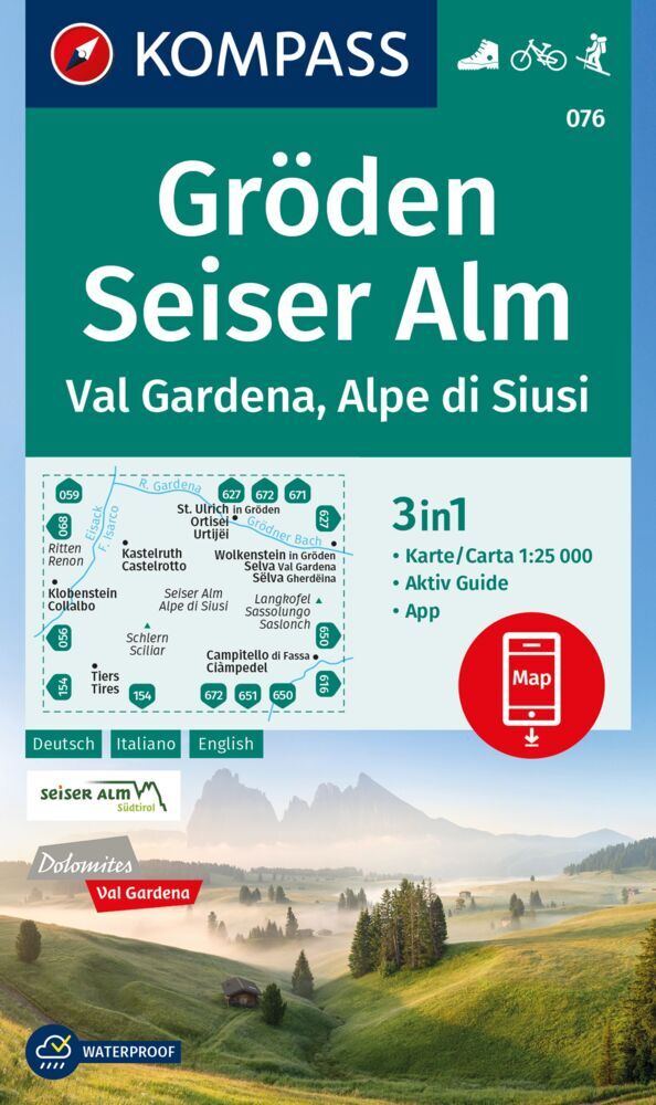 Online bestellen: Wandelkaart 076 Gröden - Seiser Alm - Val Gardena - Alpe di Siusi | Kompass