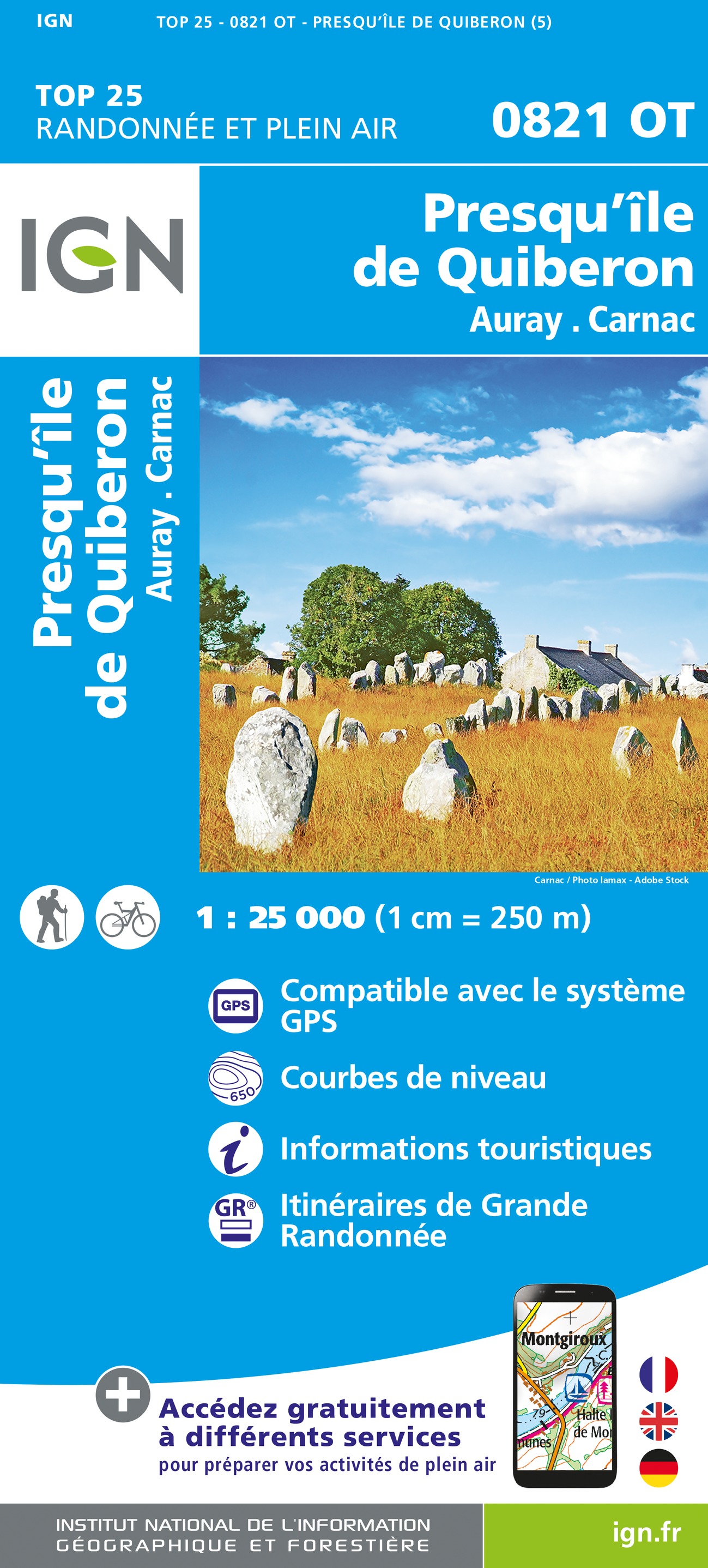 Online bestellen: Wandelkaart - Topografische kaart 0821OT Presqu'Ile de Quiberon - Auray - Carnac Bretagne | IGN - Institut Géographique National