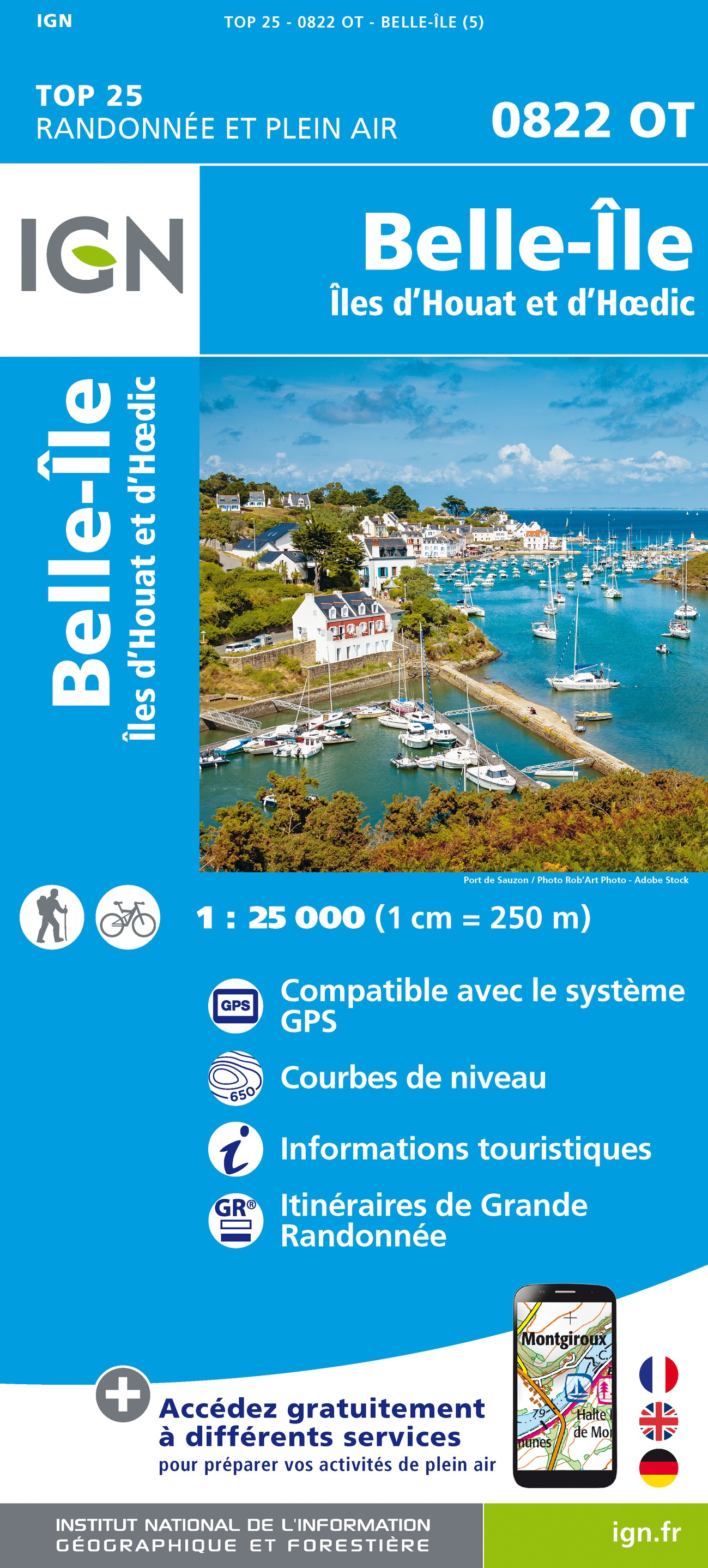 Online bestellen: Wandelkaart - Topografische kaart 0822OT Belle-Ile - Ile d'Houat et d'Hoëdic Bretagne | IGN - Institut Géographique National