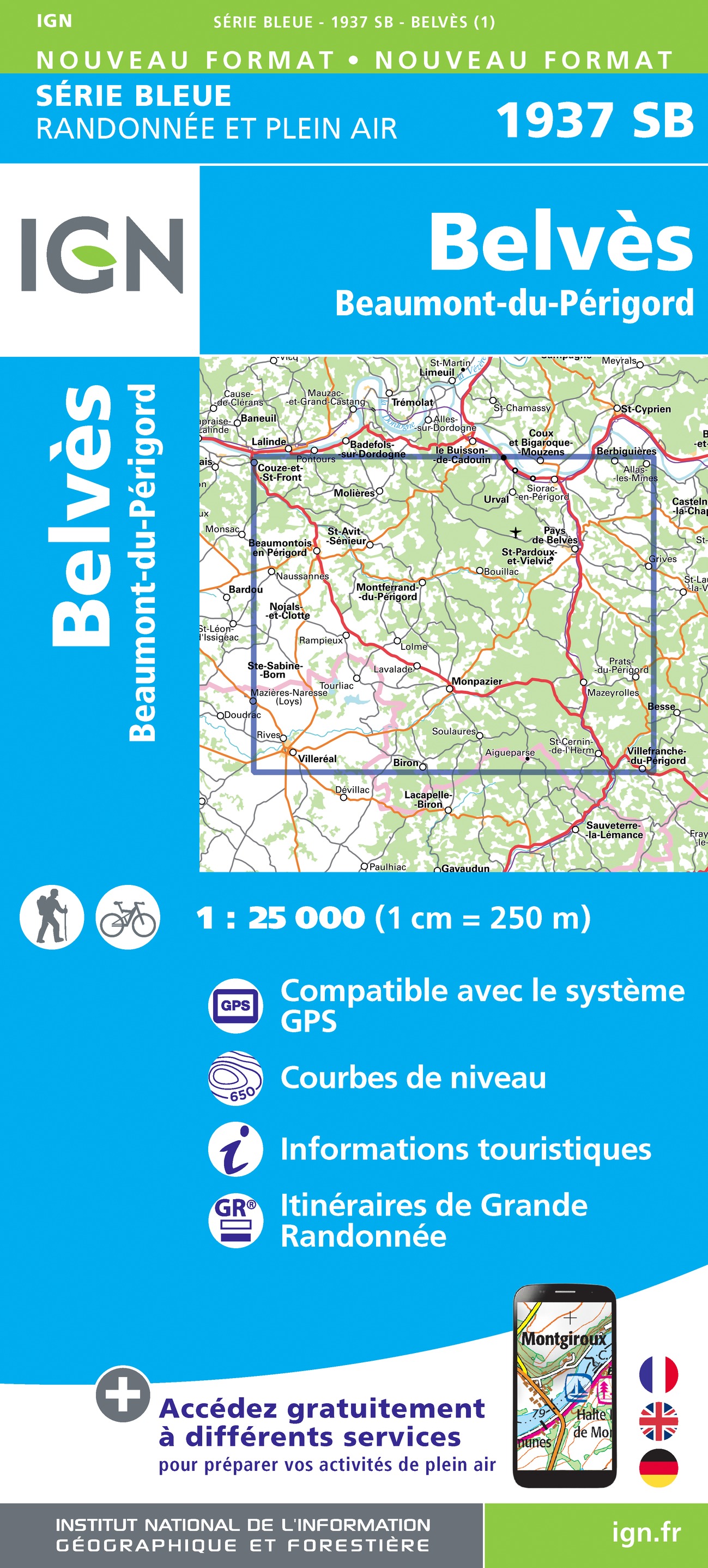 Online bestellen: Wandelkaart - Topografische kaart 1937 SB - Serie Bleue Belves, Beaumont-du-Périgord | IGN - Institut Géographique National