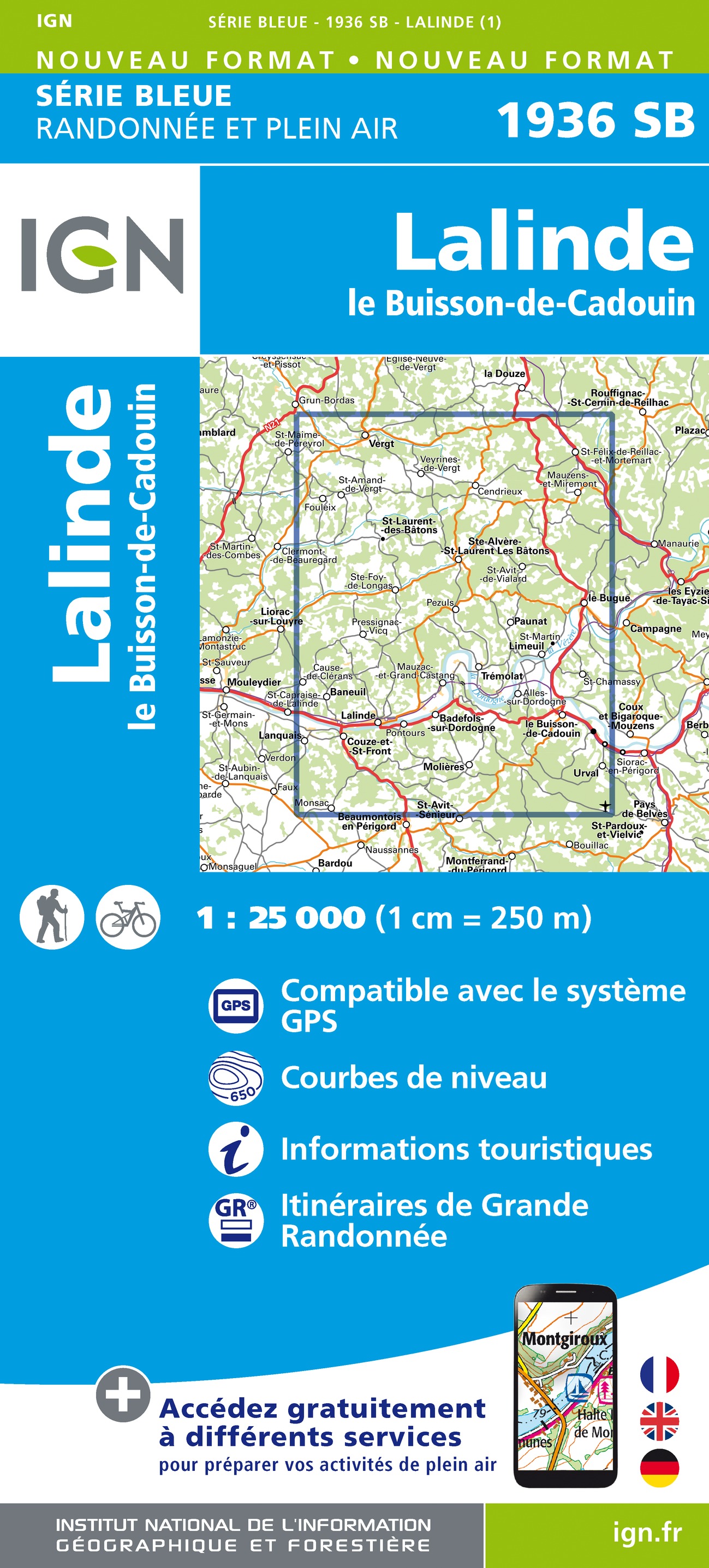 Online bestellen: Wandelkaart - Topografische kaart 1936 SB - Serie Bleue Lalinde, le Buisson-de-Cadouin | IGN - Institut Géographique National